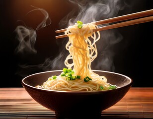 Steaming noodles lifted by chopsticks