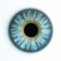 Macro close-up of human eye iris, light aqua with striking black pupil. Intricate radial patterns in blue, tan, white create depth, clarity. High-resolution digital artwork explores ocular anatomy,