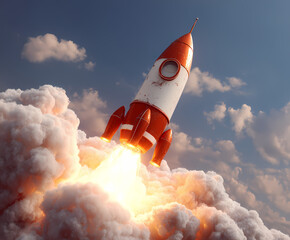 Cartoon Rocket Ship Soaring Through Starry Cosmos on Whimsical Space Adventure with Fiery Exhaust Trail