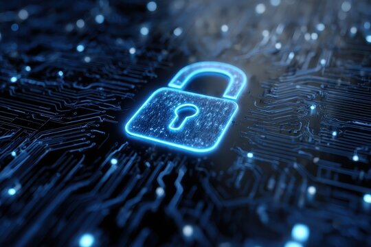 Digital abstract tech background featuring a glowing lock symbol integrated into a circuit design for cybersecurity concepts
