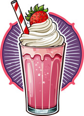 Classic cartoon style sticker of a tall glass of strawberry milkshake, with whipped cream, a cherry on top, and a colorful striped straw, all surrounded by bold black outlines, vibrant colors, and a s