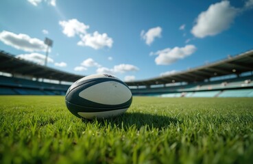 Rugby ball rests on vibrant green grass field at stadium. Stadium seating visible in background under clear blue sky with fluffy white clouds. Focus on ball, with surroundings softly blurred. Scene