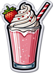 Classic cartoon style sticker of a tall glass of strawberry milkshake, with whipped cream, a cherry on top, and a colorful striped straw, all surrounded by bold black outlines, vibrant colors, and a s