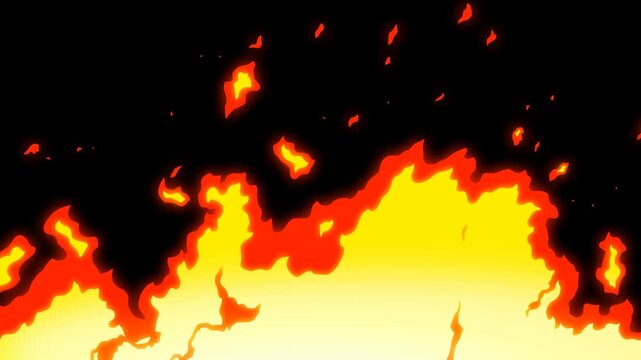 4K video of a looped 2D animation of a big cartoon fire, isolated with an alpha channel
