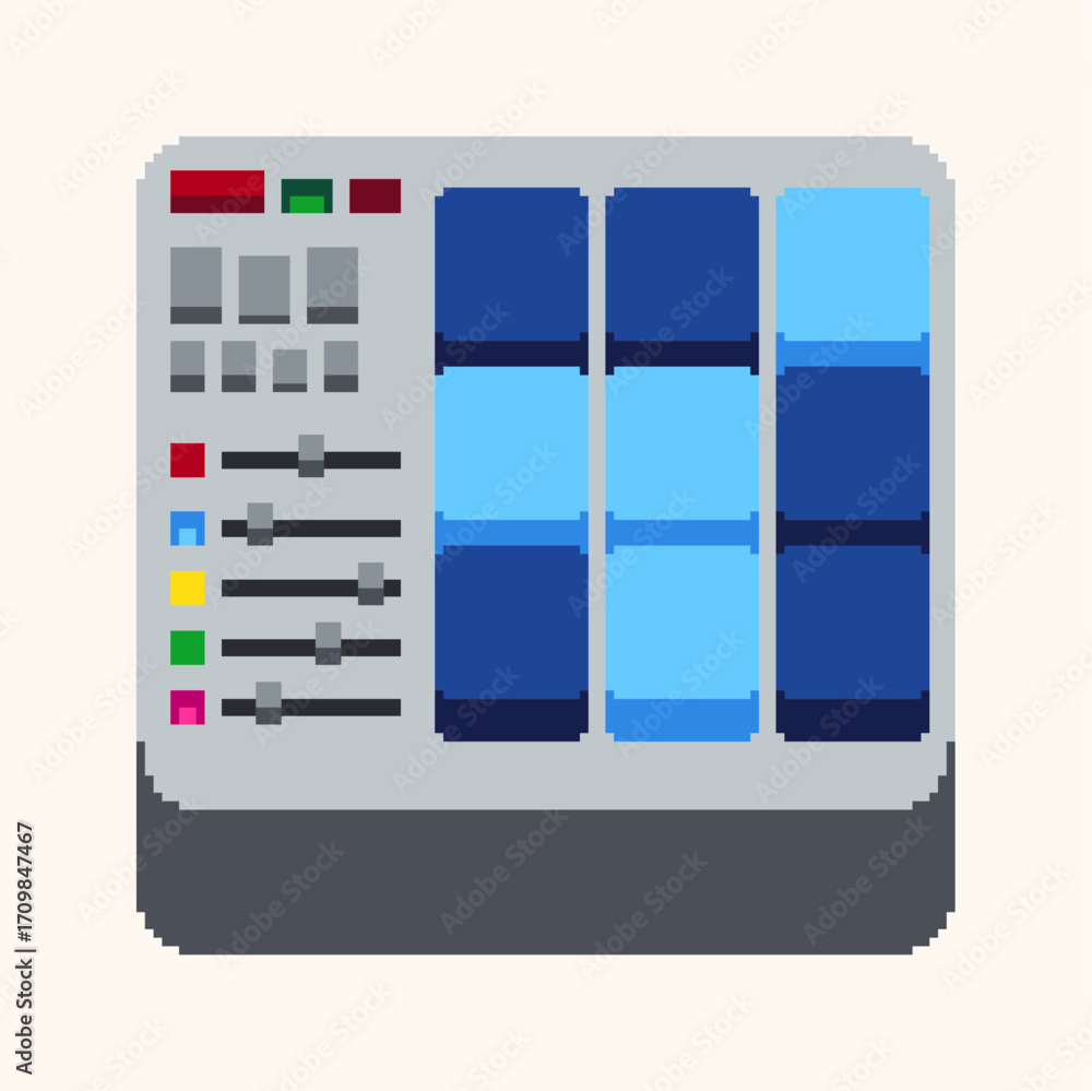 Poster tiny drum machine with interface buttons, pixel art flat style