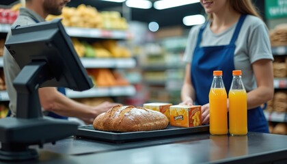 Cashier in blue apron scans groceries including bread, pasta boxes, orange juice bottles at supermarket checkout. Retail shopping service with scanner, POS terminal. Customer purchase transaction in