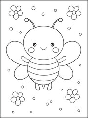 Printable Bee Coloring Page for kids Featuring a Smiling Insect with Cute Flowers Around