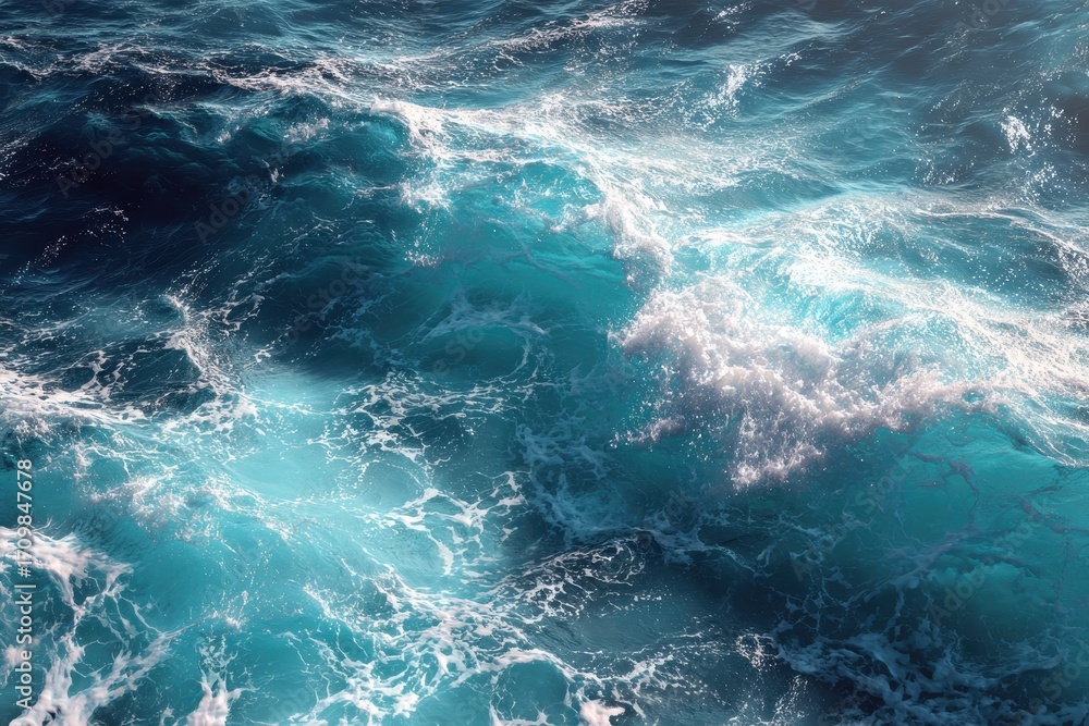 Poster realistic ocean background with vibrant turquoise waves and sunlight reflections creating a calming 