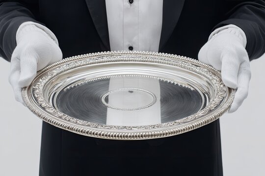 A butler in formal wear holds a round, ornate silver platter