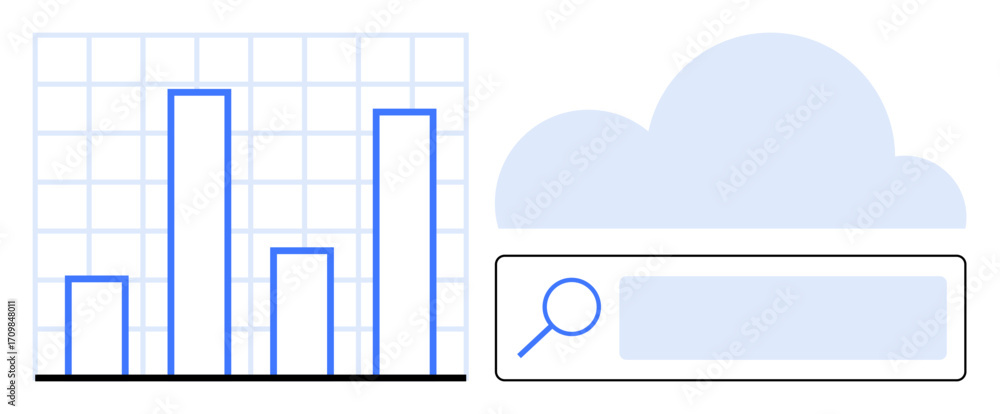 Poster bar chart analytics beside a cloud graphic with search bar interface. ideal for data storage, cloud 