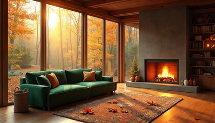 Warm house interior with green couch before large windows showing autumn forest. Active fireplace with burning logs. Bookshelf filled with books. Cozy living room ambiance.