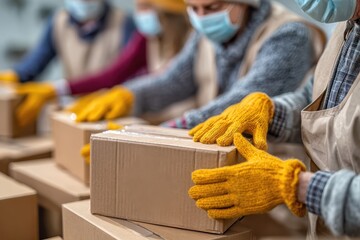 Volunteers pack donations in warm gloves during community outreach program aimed at assisting those in need