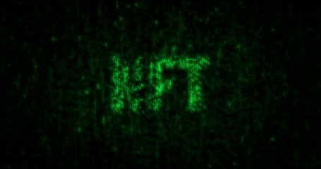 Non-fungible token business symbol matrix style. Abstract icon on green digital rain background animation. - Powered by Adobe