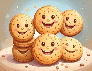 Cartoon cookies with happy faces on a light beige surface