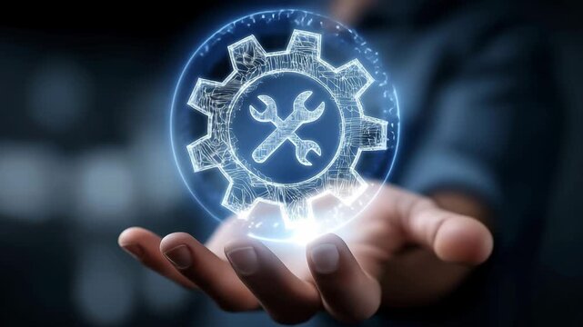 A holographic 3D icon gear and wrench on a hand of a engineer worker. Maintenance and smart repair, Technical service	
