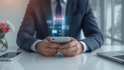 Businessman Using Smartphone for Email Communication and Digital Networking