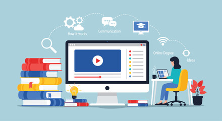 Modern online education concept person studying digital learning resources computer books stack