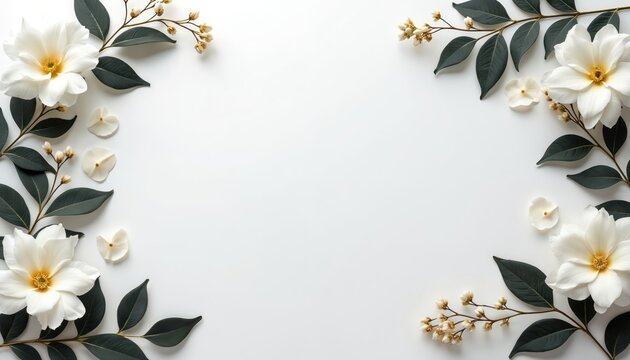 Elegant floral frame with white flowers, dark green leaves. Delicate pastel illustration, vintage pattern, perfect for retirement celebration announcements, invitations, cards. Joyful, peaceful - Powered by Adobe