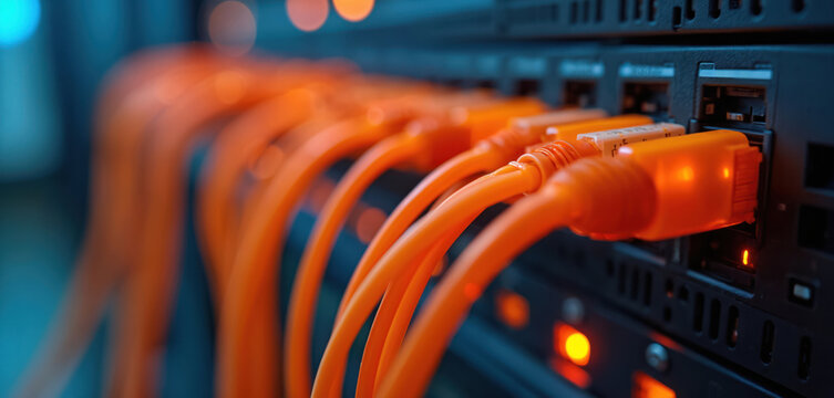 Server rack with glowing orange fiber optic cables connected. Infrastructure provides high-speed data transmission, supporting digital networks, communication systems. Modern hardware for future