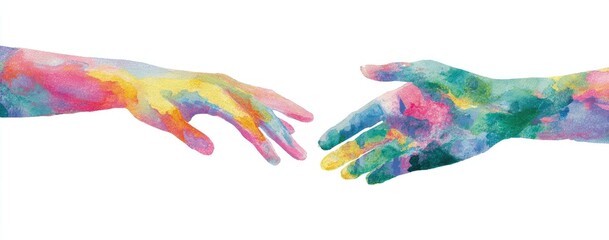 Two colorful hands reaching towards each other, painted with vibrant hues