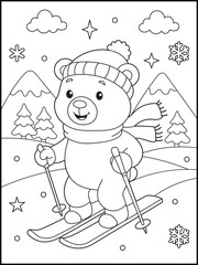 Winter Bear Coloring Page for Kids Skiing in Snow with Mountains, Trees, and Snowflakes. Fun Holiday Activity Sheet for Children, Preschool, and Kindergarten
