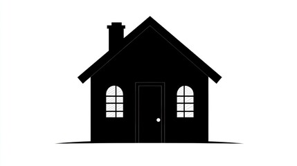 Fototapeta premium Simple black silhouette of a house. A classic home icon, front view, with a chimney and windows