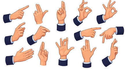 Cartoon hands in various gestures, including pointing, counting, and making OK sign.