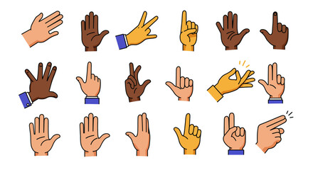 Diverse hands gestures illustration: various skin tones, finger positions, and hand signals.