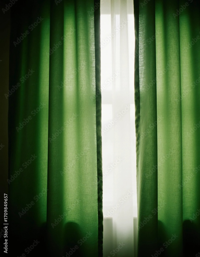Poster bright green curtains gently drape on either side of a window, filtering sunlight into a serene room