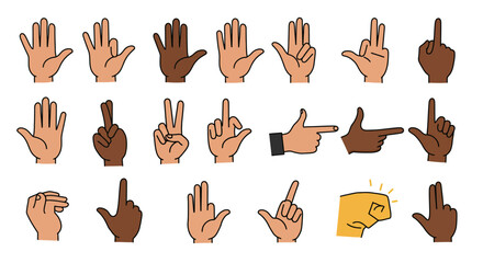 Diverse hands in various gestures, including open palms, peace signs, pointing, and a fist, showcasing different skin tones.