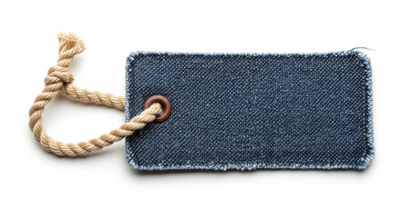 Close Up of Glittering Blue Rectangular Price Tag with Braided Rope on White Surface