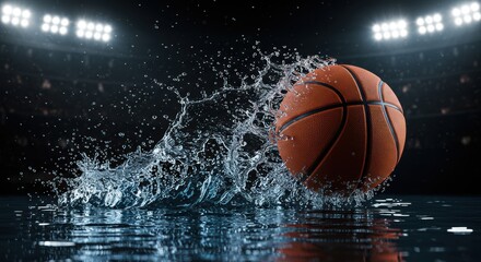 Obraz premium Dynamic basketball action shot capturing the moment of impact with water and stadium lights creating a high energy sports atmosphere