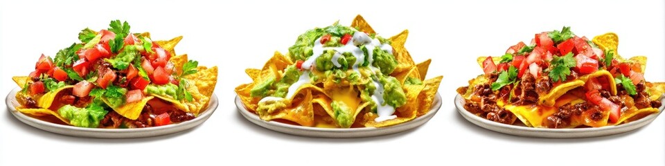 Three plates of nachos, showcasing different toppings.  Colorful and piled high, the golden tortilla chips are dressed with savory fillings, fresh toppings, and creamy sauces