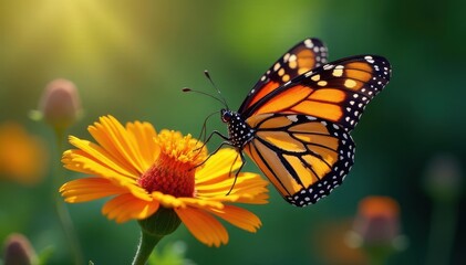 Obraz premium A Monarch butterfly delicately perched on a vibrant wildflower , garden, field