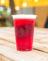 Red beverage in plastic cup on wooden table