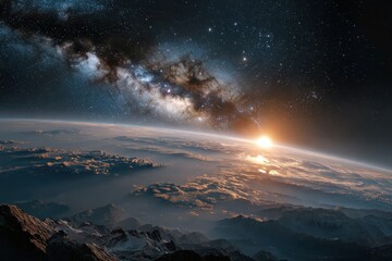 Fototapeta premium Stunning landscape featuring the Milky Way galaxy during sunrise over Earth with majestic mountains and clouds below