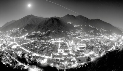 Night panorama of a city nestled in a mountain valley.