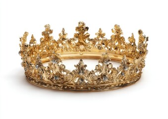 Golden crown, ornate and detailed, sits on a white background