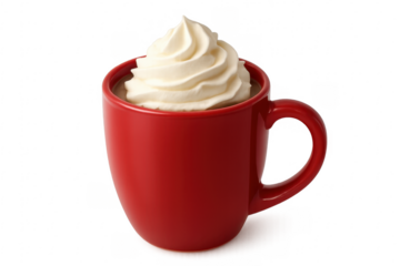Red mug holding hot chocolate with whipped cream on transparent background