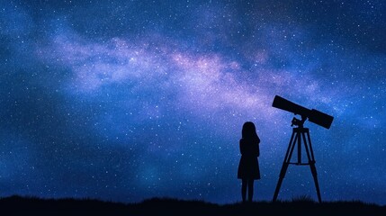 Silhouette of child gazing at night sky through telescope