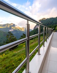 Stainless steel balcony railing with mountain view