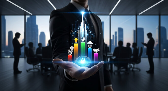 AI Driven Business Growth and Innovation Depicted with Holographic Graph and Businessman in a Meeting Room Showcasing Technology