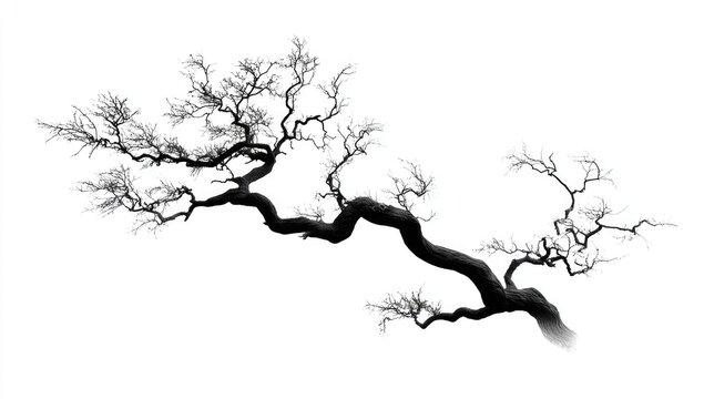 Silhouetted, bare tree branch against white background.  A sinuous, dark silhouette of a bare tree branch extends across the image.  The branches are intricate, gnarled, and curve gracefully