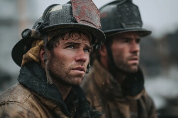 Fototapeta premium Firefighters responding to an emergency, battling flames while facing challenging weather conditions in a city environment