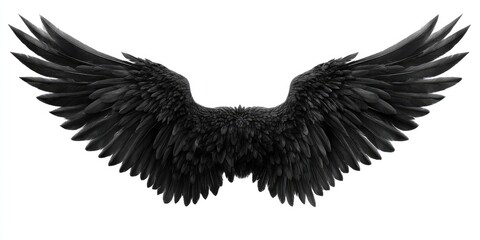 Obraz premium Dark, detailed angel wings spread wide against a white background