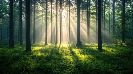 Obraz premium Sunlight streams through a misty forest