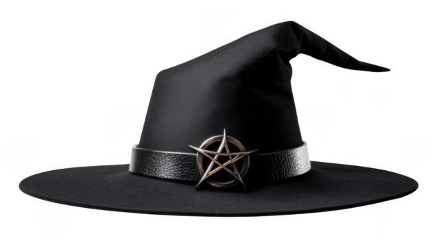 A black witch hat with a silver pentagram on the band against a dark black studio background