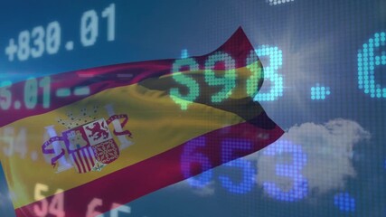 Sun peeking behind Spanish flag unfurling, financial numbers drifting and showing market changes - Powered by Adobe