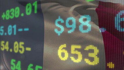 Opening with French flag waving, stock ticker refreshing values every second in market simulation - Powered by Adobe