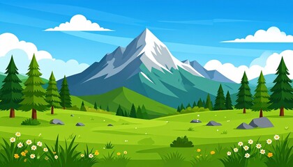 A picturesque, springtime landscape showcases a vibrant meadow nestled beneath towering mountains, accented by lush greenery and scattered rocks, bathed in the warm glow of a sunny day.